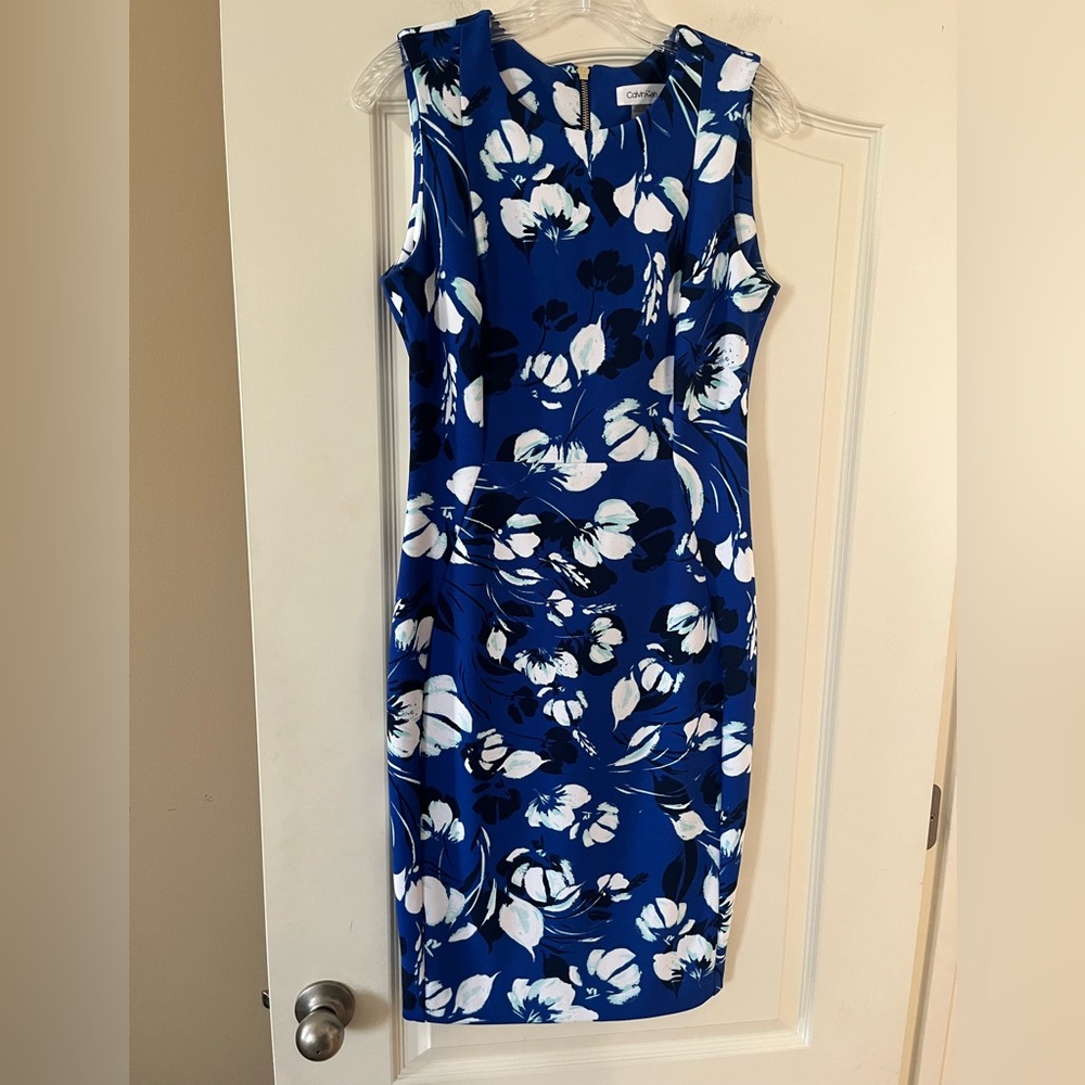Calvin Klein Blue Floral Sleeveless Dress with Gold Zipper Detail Women’s size 6